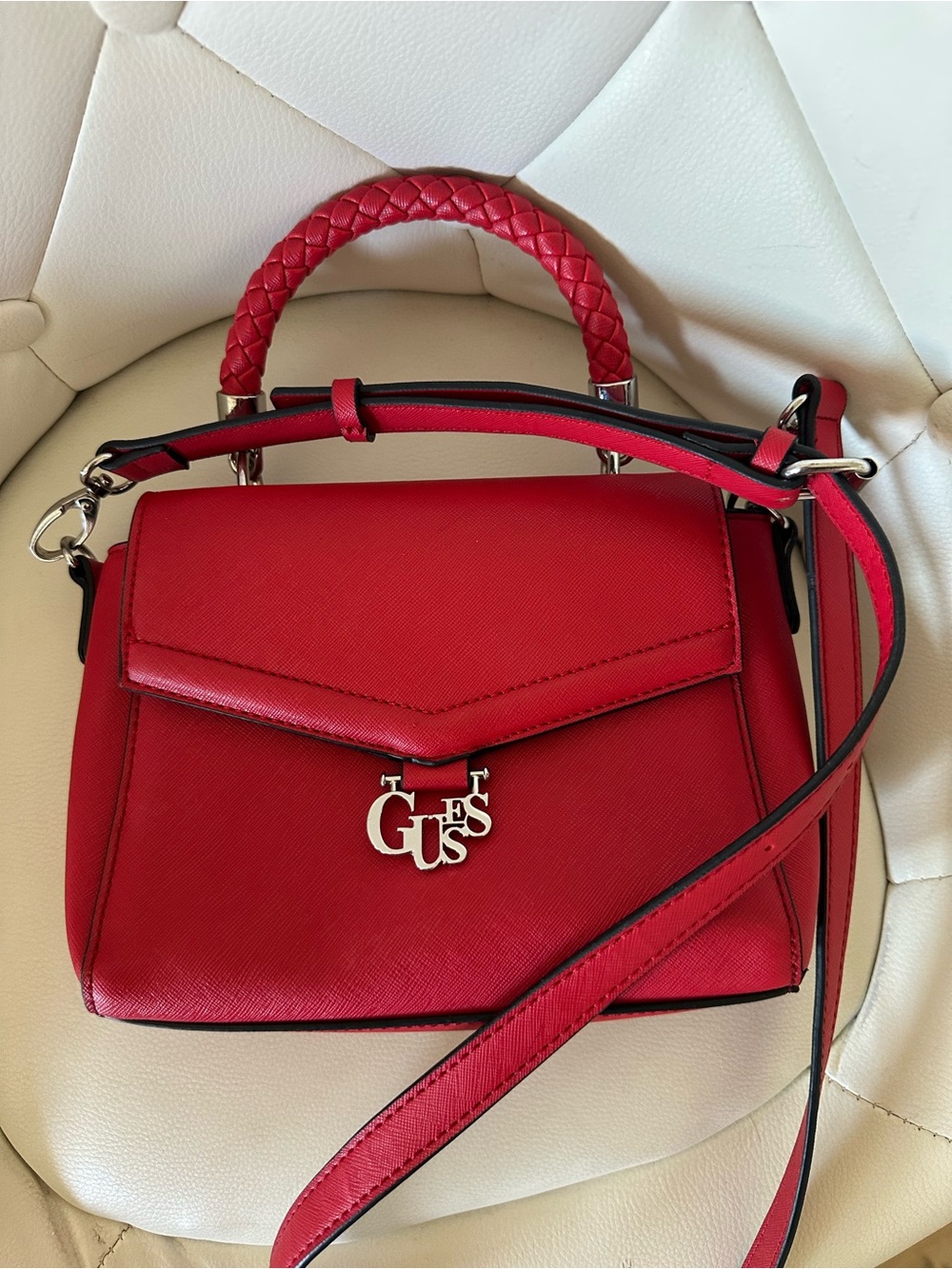 GUESS Red Top-Handle Satchel with Braided Handle handbag purse